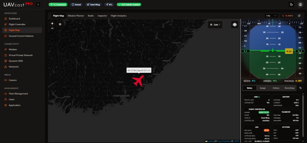 UAVcast Pro Flight Map - Real-time drone telemetry and control interface